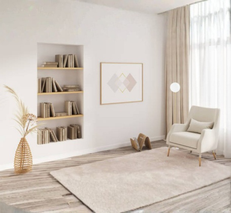 Freshly cleaned neutral area rug placed on hardwood flooring in a bright living room, showing restored texture and cleanliness after rug cleaning