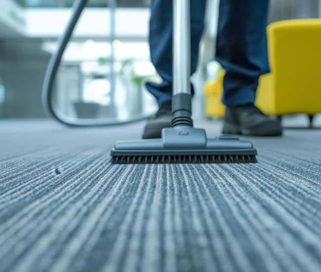 Commercial carpet cleaning in progress inside an office space, showing specialized vacuum equipment deep-cleaning carpet fibers to remove dirt, dust, and daily foot traffic buildup