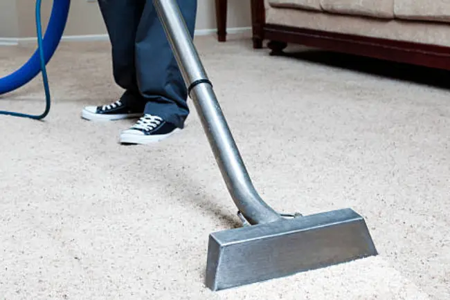 Close-up of a person using a professional cleaning wand to perform carpet cleaning on a light-colored carpet in a living room