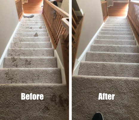 Before and after view of a staircase showing a dramatic carpet transformation, highlighting a cleaner, fresher home following deep floor care and hardwood cleaning services