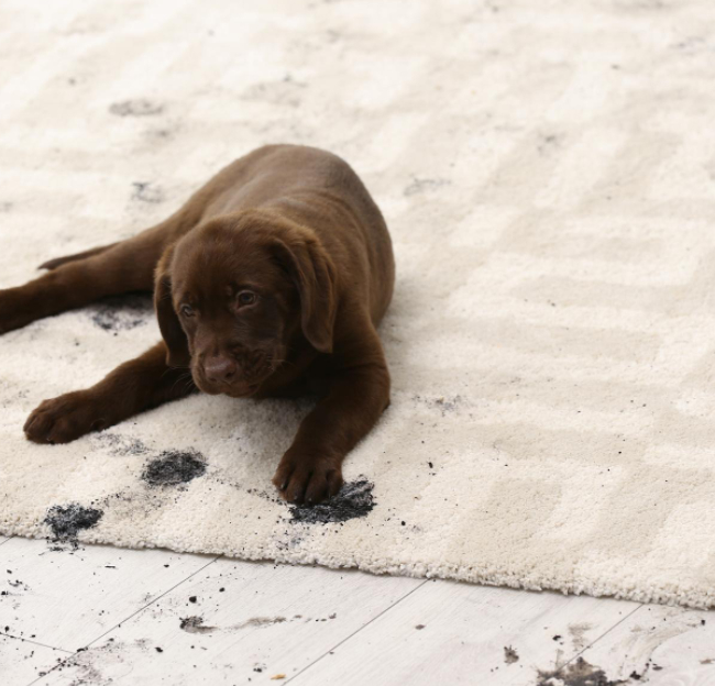 Puppy lying on a light-colored rug with visible dirt and paw marks, highlighting the need for pet stain and odor removal to keep carpets clean and fresh