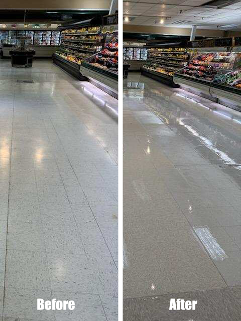 Before and after vinyl floor cleaning in a commercial grocery store, showing dull, worn vinyl flooring restored to a clean, polished, and reflective surface