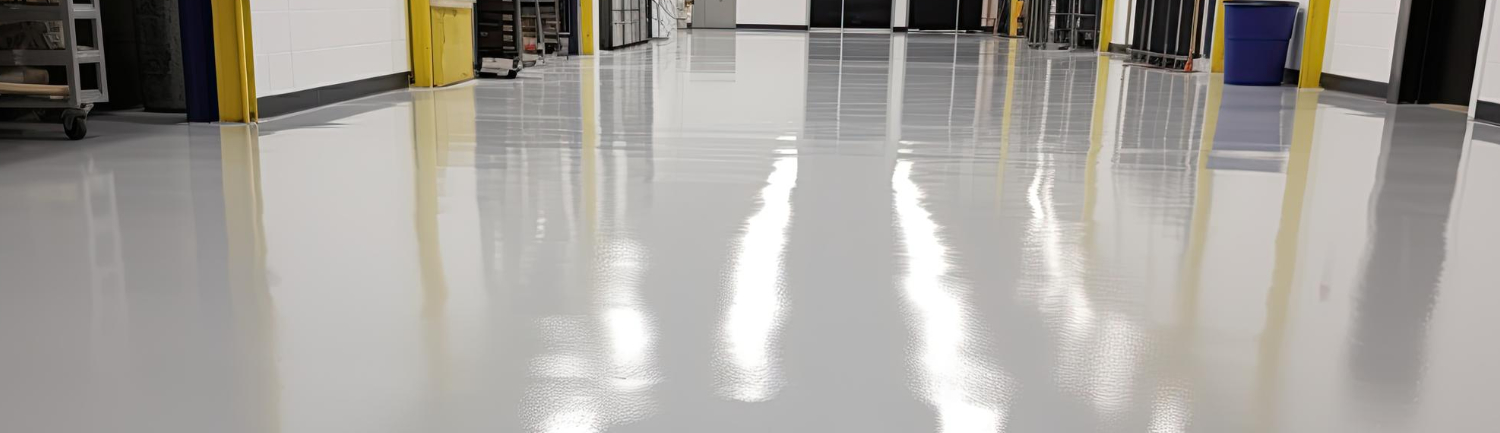 Professional vinyl floor cleaning in a commercial facility, featuring a high-gloss, freshly cleaned vinyl floor with bright reflections and a smooth, polished finish
